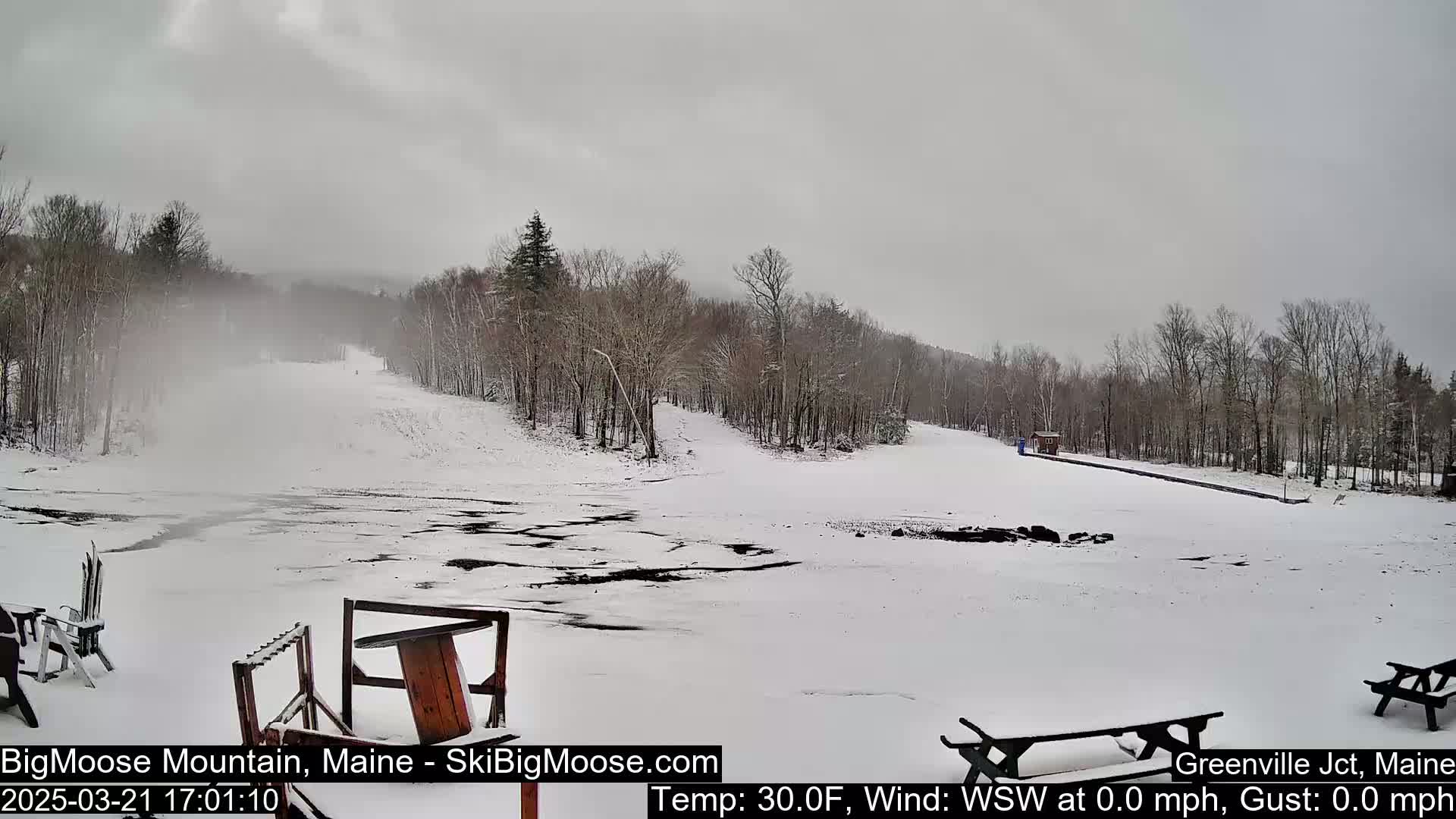 A snow-covered ski slope is visible under an overcast sky, with bare trees lining the sides and a few picnic tables in the foreground.