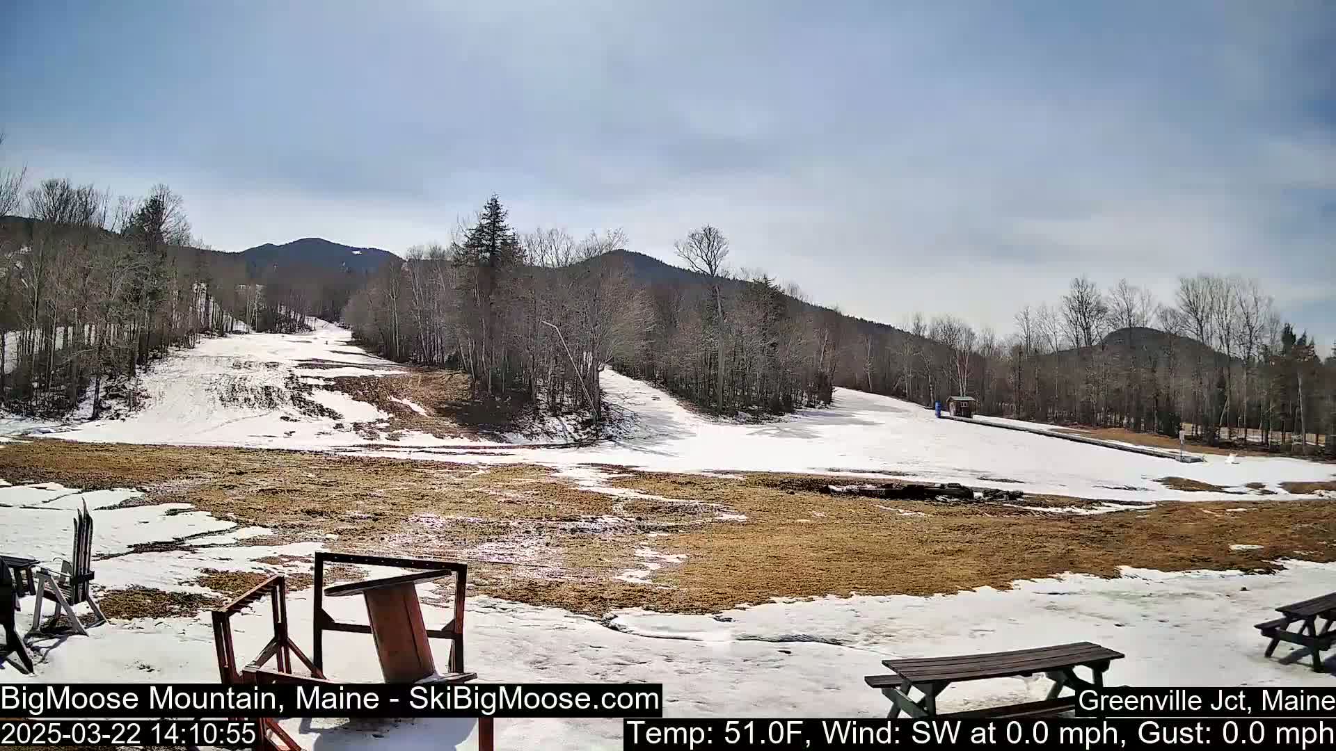 A mostly clear, sunny day reveals a ski slope with patches of snow and brown ground, surrounded by leafless trees and distant mountains.
