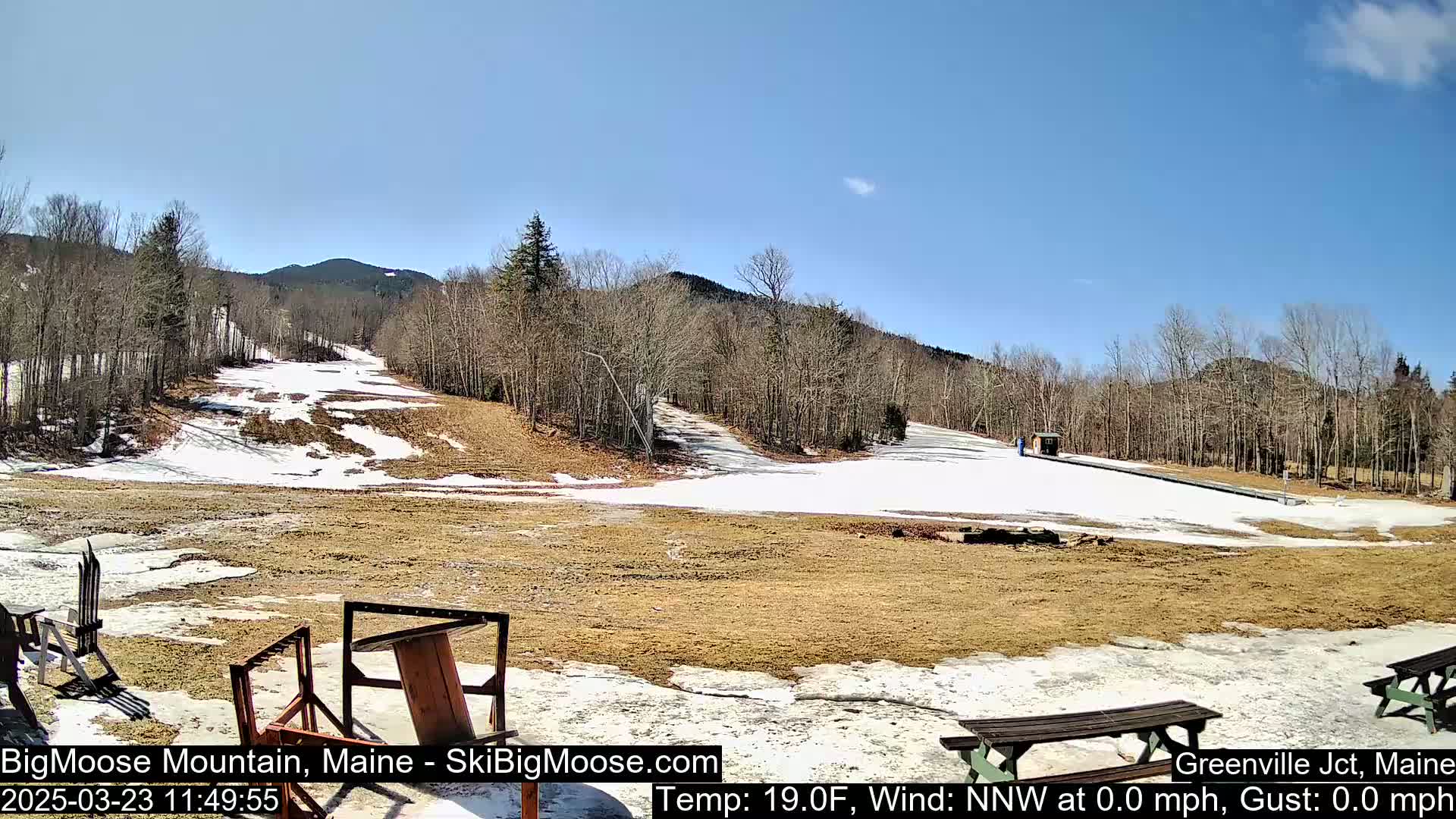 A mostly clear, sunny day shows a ski slope with patches of snow and brown grass, surrounded by leafless trees and distant mountains.
