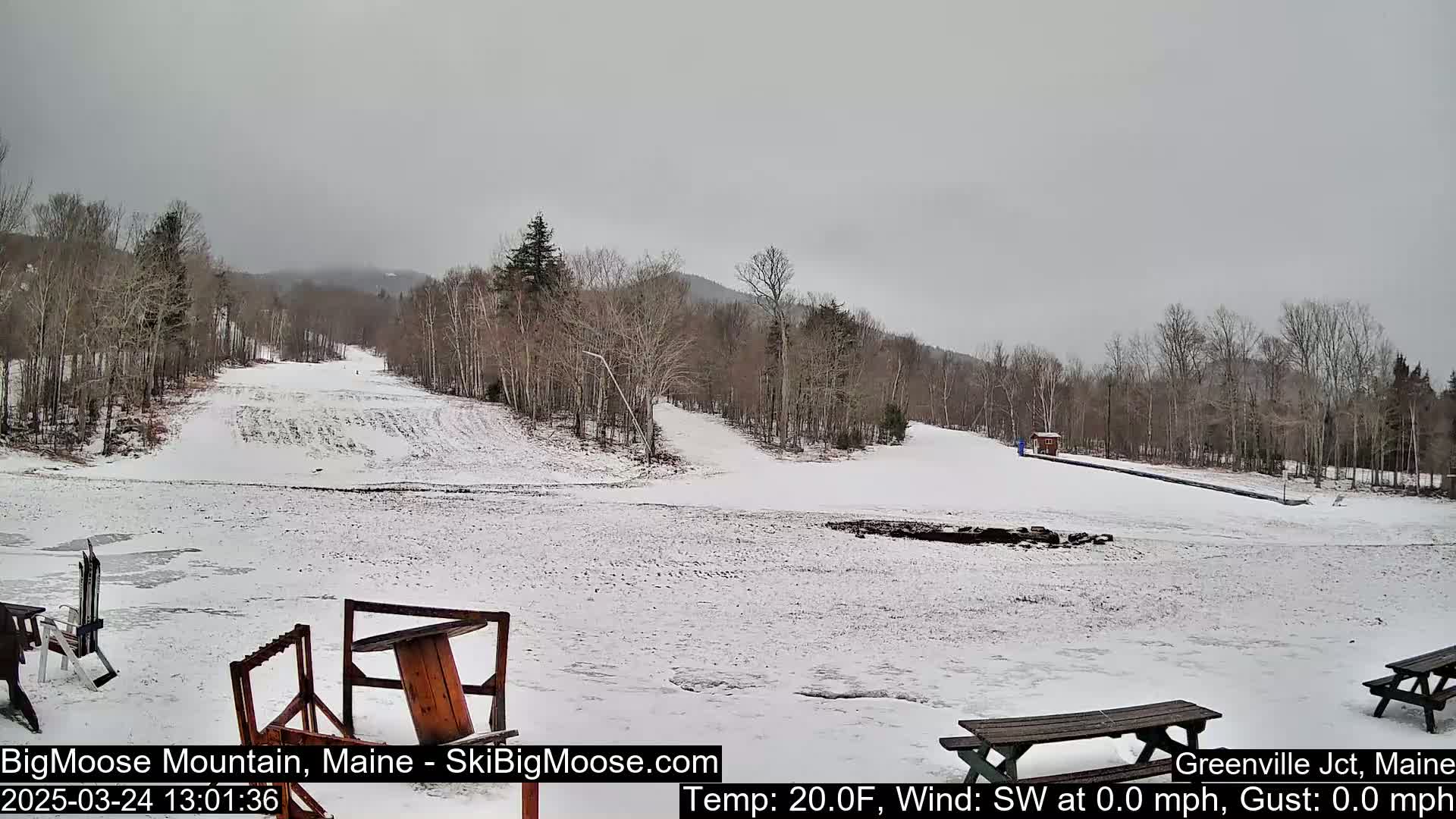 A snow-covered ski slope with bare trees and overcast skies is visible, with picnic tables in the foreground.