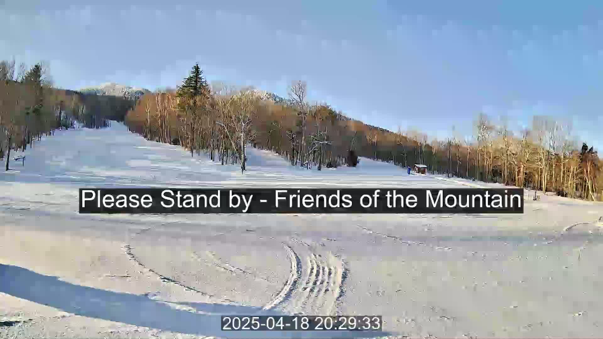 A snow-covered ski slope with trees and mountains in the background on a sunny day.