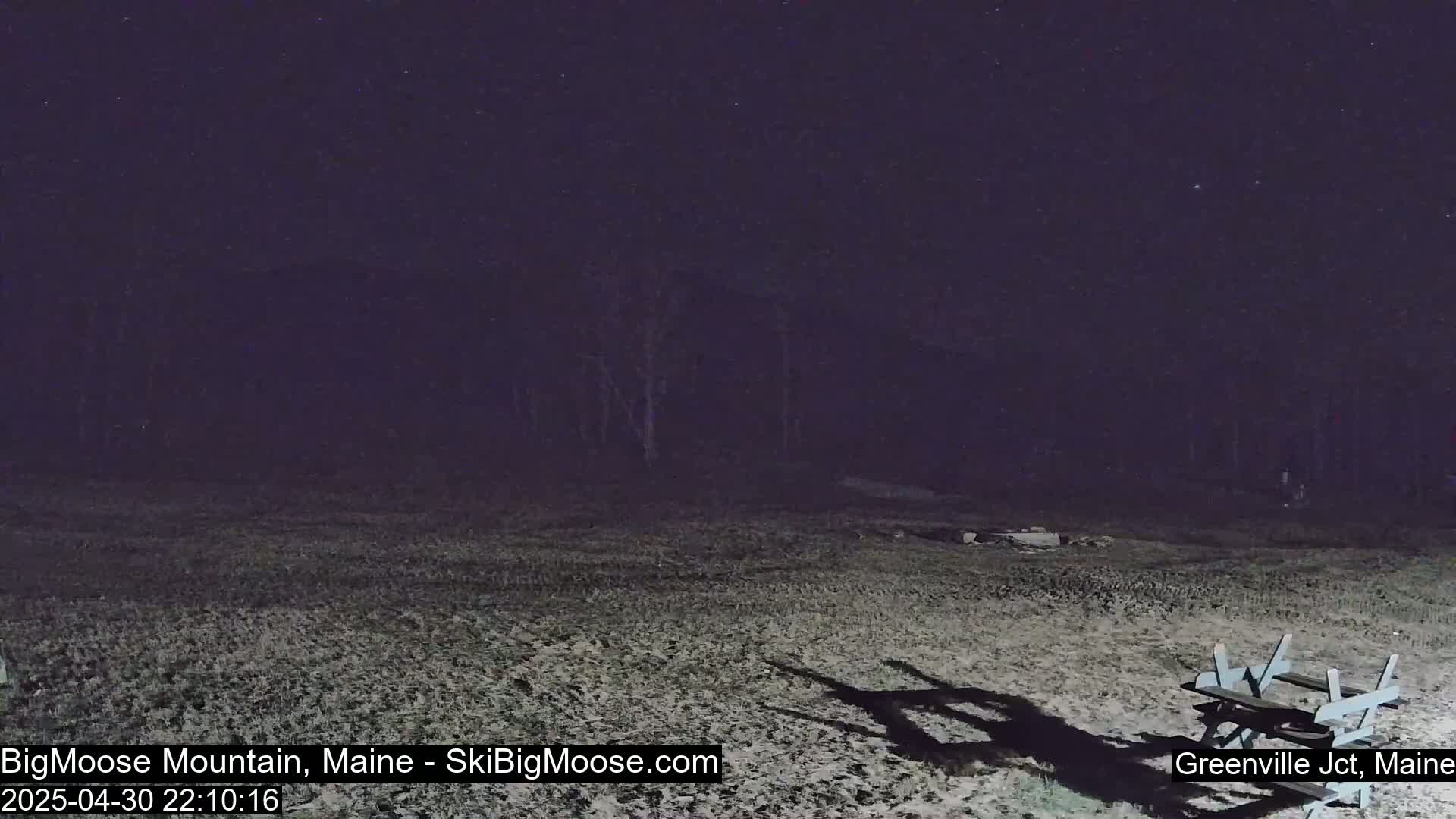 A mostly clear night scene shows a snow-covered ground with a picnic table and the silhouettes of trees in the background.