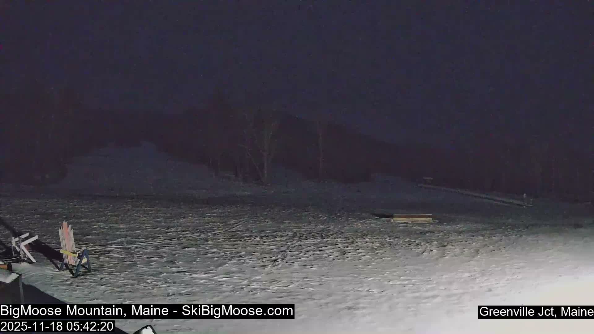 Two Adirondack chairs sit on snow-dusted ground in a dark outdoor scene under clear night skies.