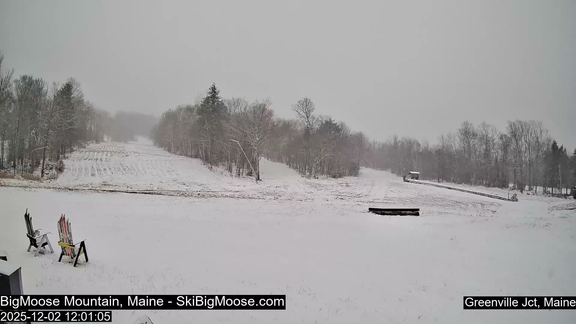 A snow-covered ski slope, flanked by bare trees, stretches up a hill under an overcast sky, with two Adirondack chairs and skis visible in the snowy foreground.