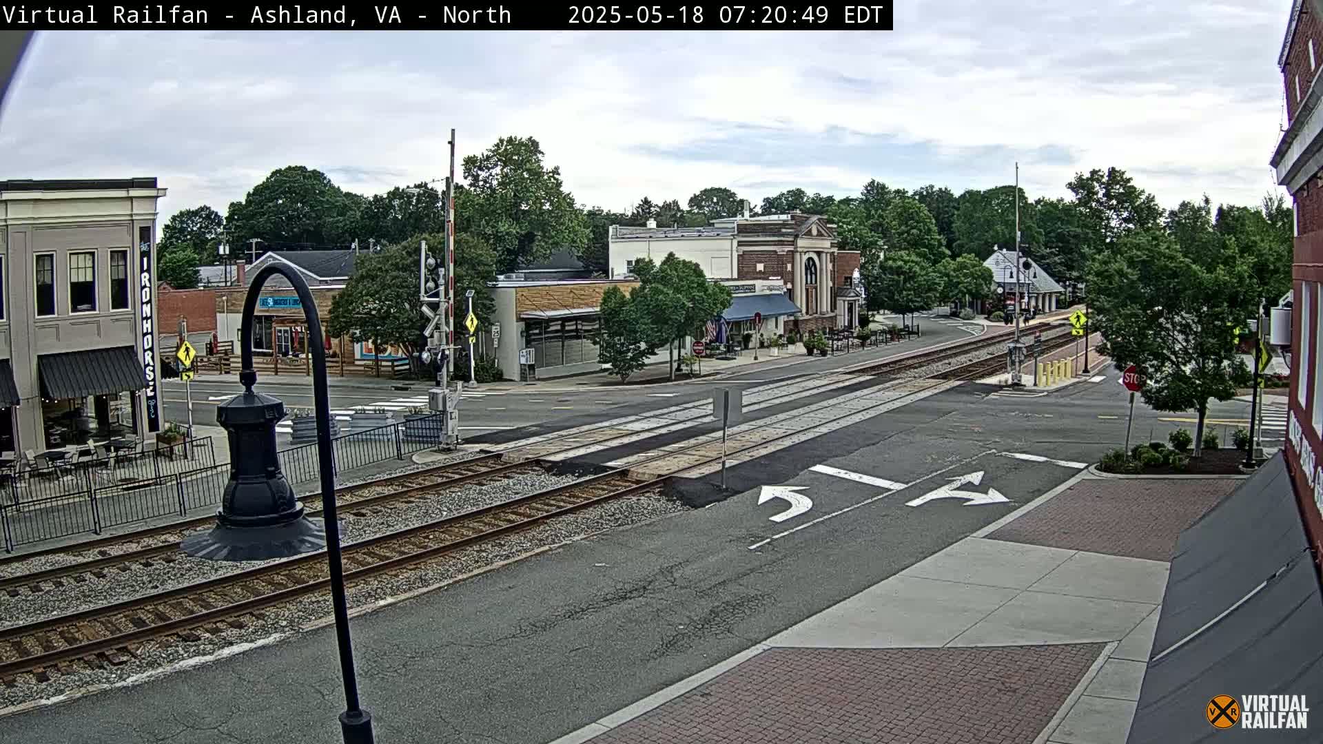 A partly cloudy daytime view of a small town's railroad crossing, featuring several buildings, trees, and a street intersection.