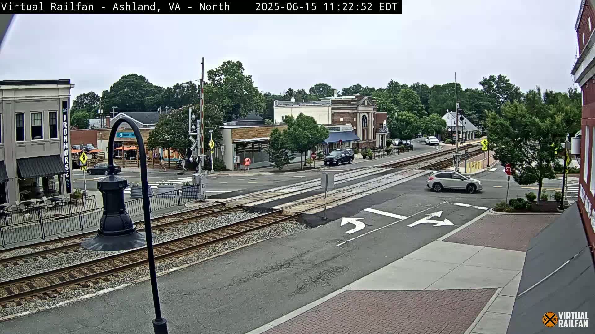 A mostly sunny view of a town intersection with railroad tracks, featuring several buildings, cars, and pedestrians, with trees lining the streets.