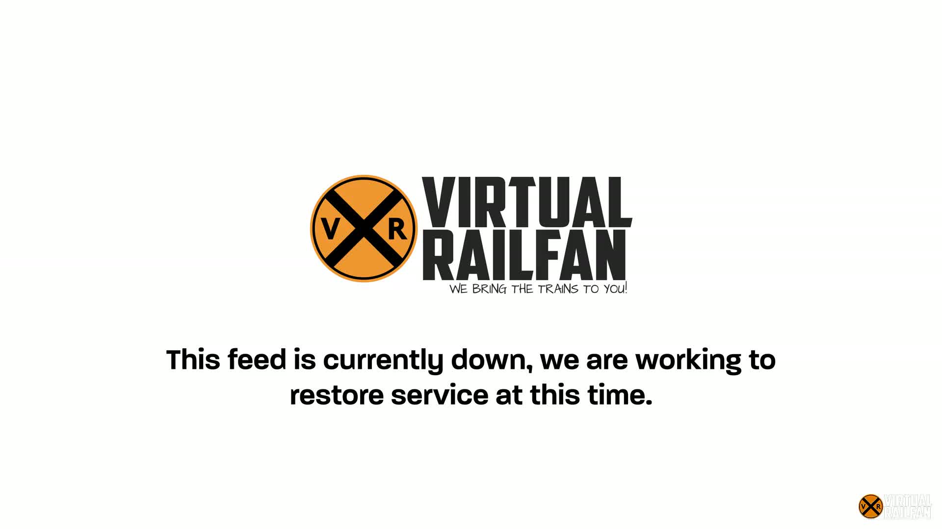 A white screen displays a logo with an orange circle and black “VR” inside, and the words “VIRTUAL RAILFAN” in black.