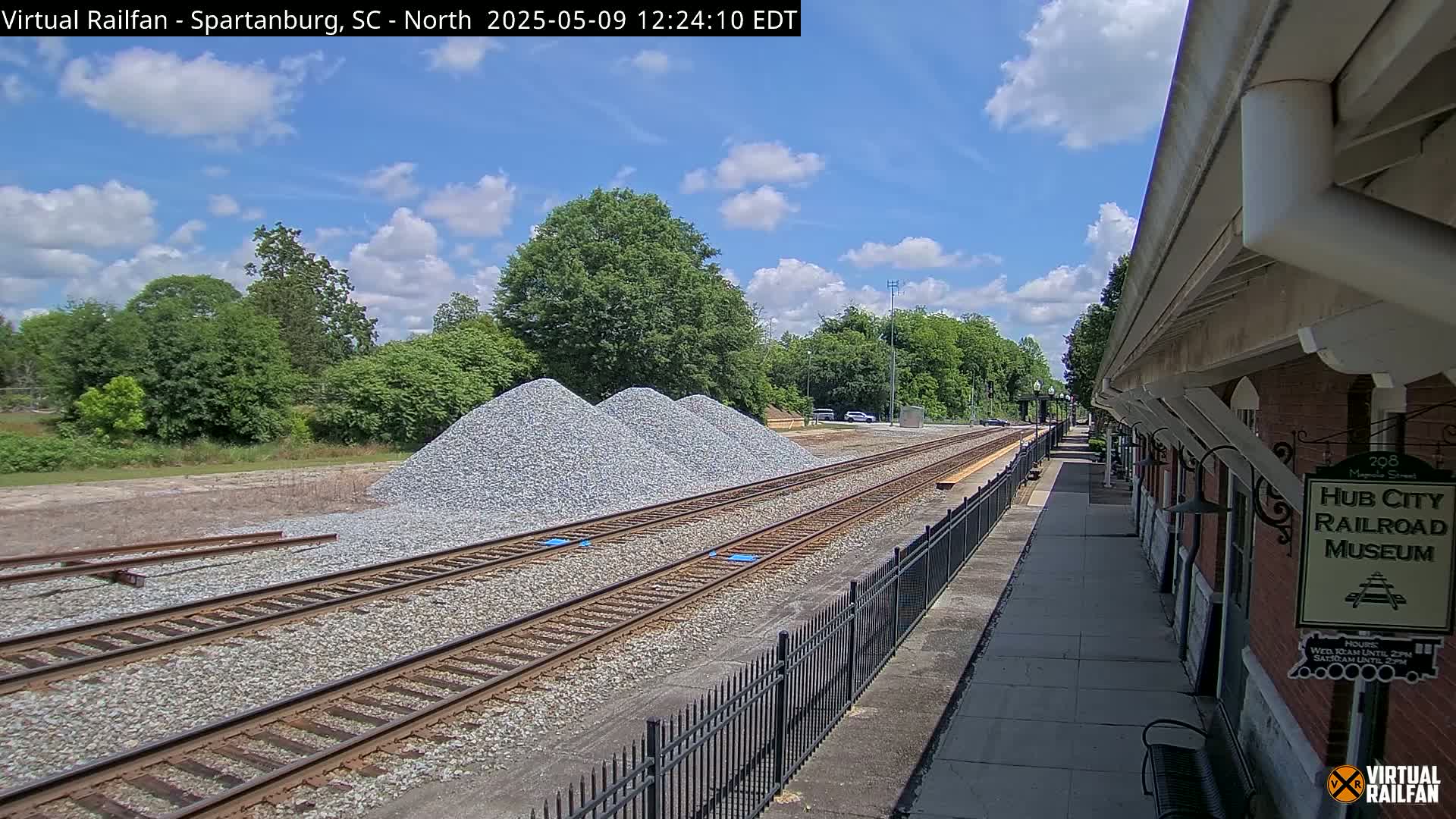 Three piles of gravel sit beside railroad tracks next to a brick building under a partly cloudy sky.