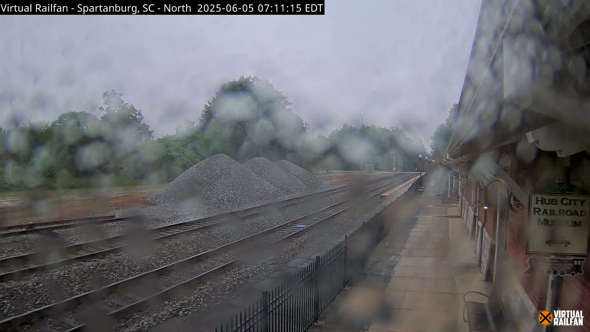 A rainy view of railroad tracks with piles of gravel beside them, seen from a train platform next to a brick building.