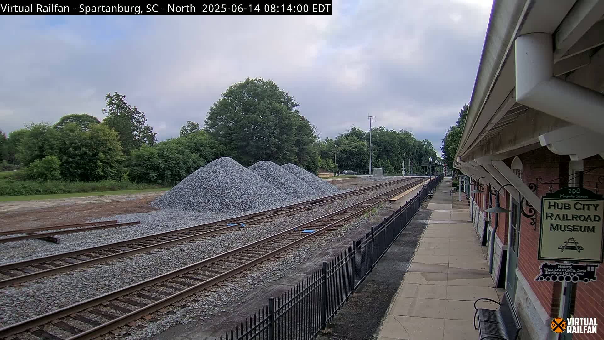 Three piles of gravel sit beside railroad tracks next to a brick building under a cloudy sky.