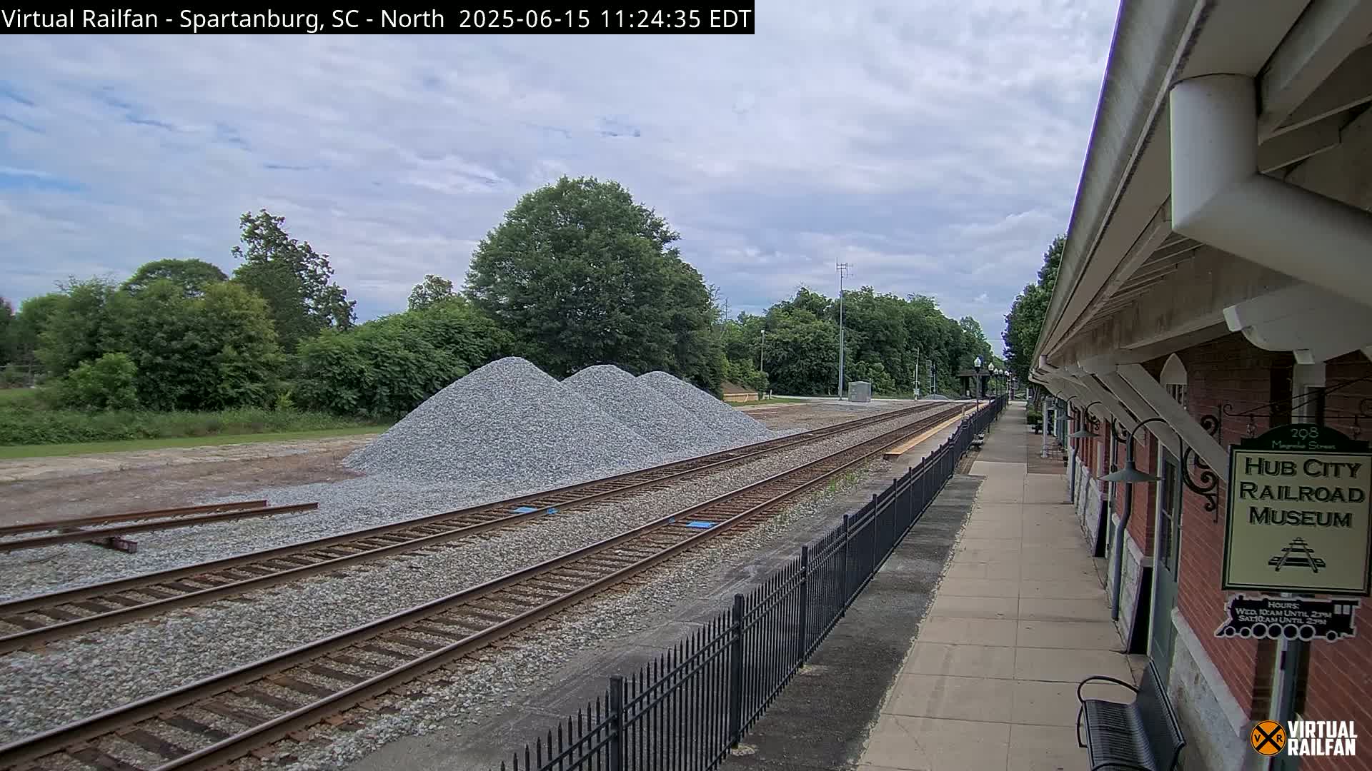 Three piles of gravel sit beside railroad tracks next to a brick building, under a partly cloudy sky.