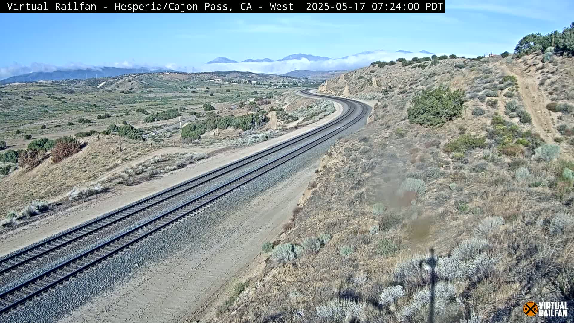 A high-angle view shows a curving railroad track traversing a dry, desert-like landscape under a partly cloudy sky with mountains in the background.