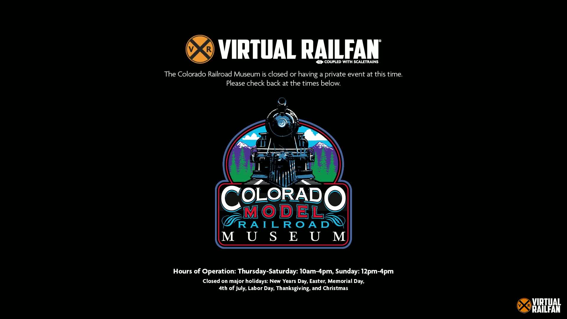 A black background displays a logo for the Colorado Model Railroad Museum, featuring a steam locomotive against a mountain backdrop.