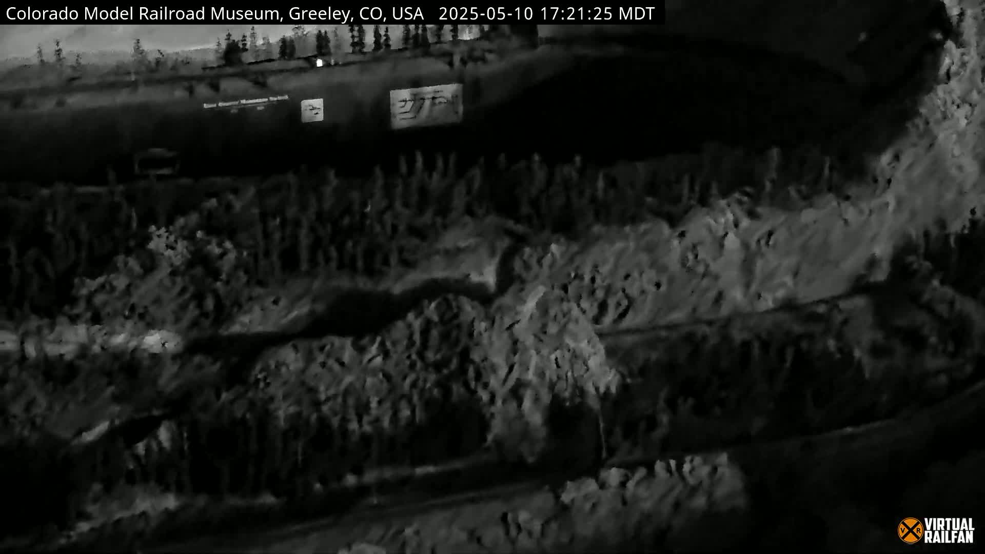 A nighttime, low-light image shows a dark train car partially obscured by dark vegetation.