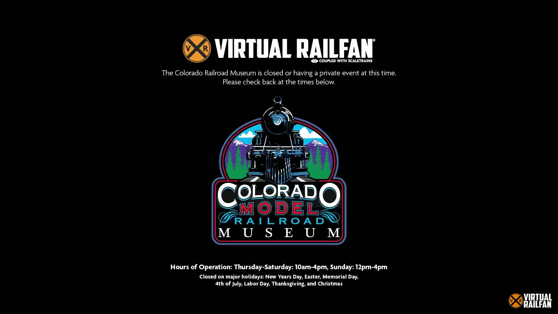 A black background displays a logo for the Colorado Model Railroad Museum, featuring an illustration of a steam locomotive in front of a mountain range.