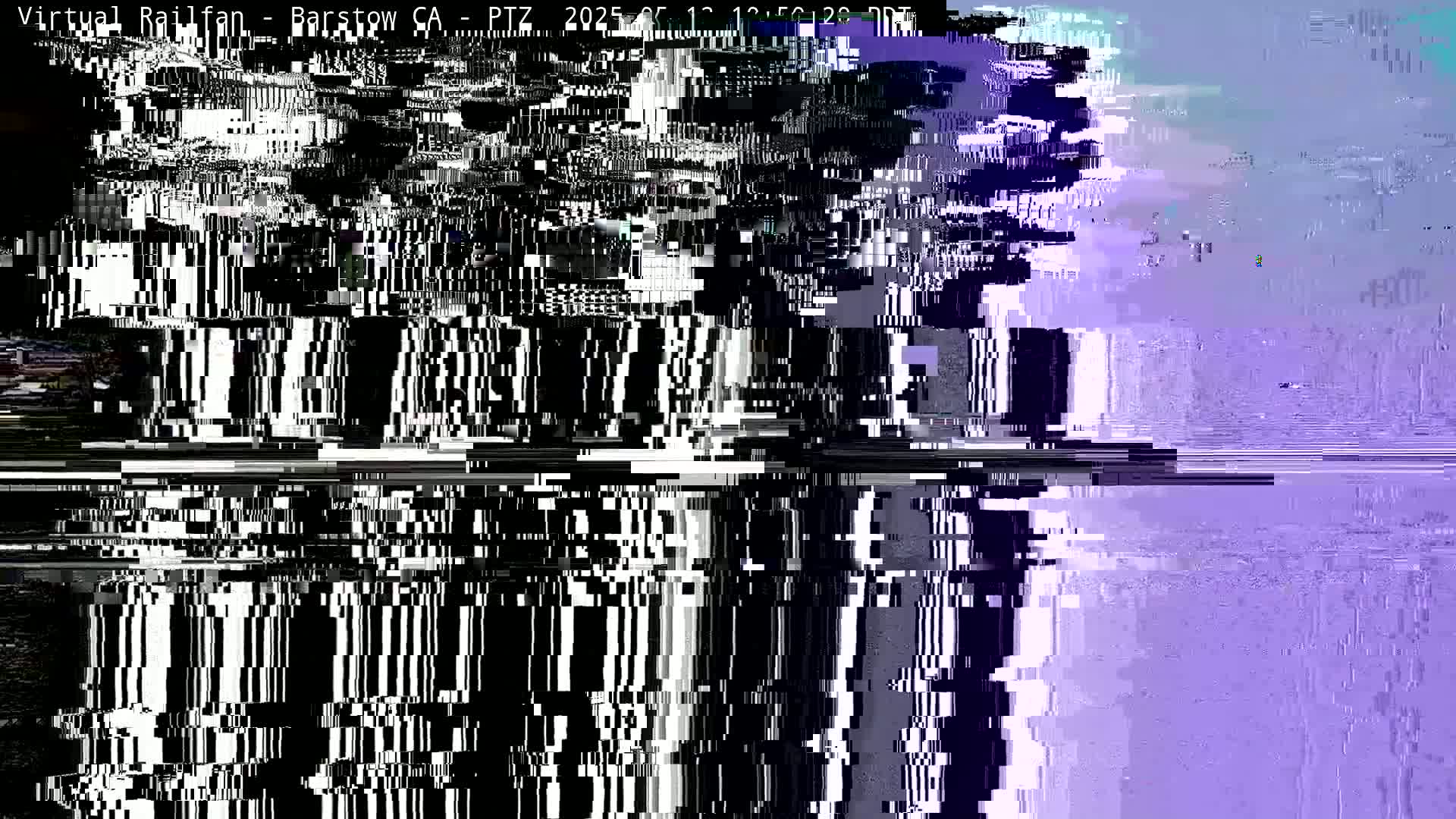 A heavily distorted image, primarily black and white with purple hues, shows a corrupted video feed.