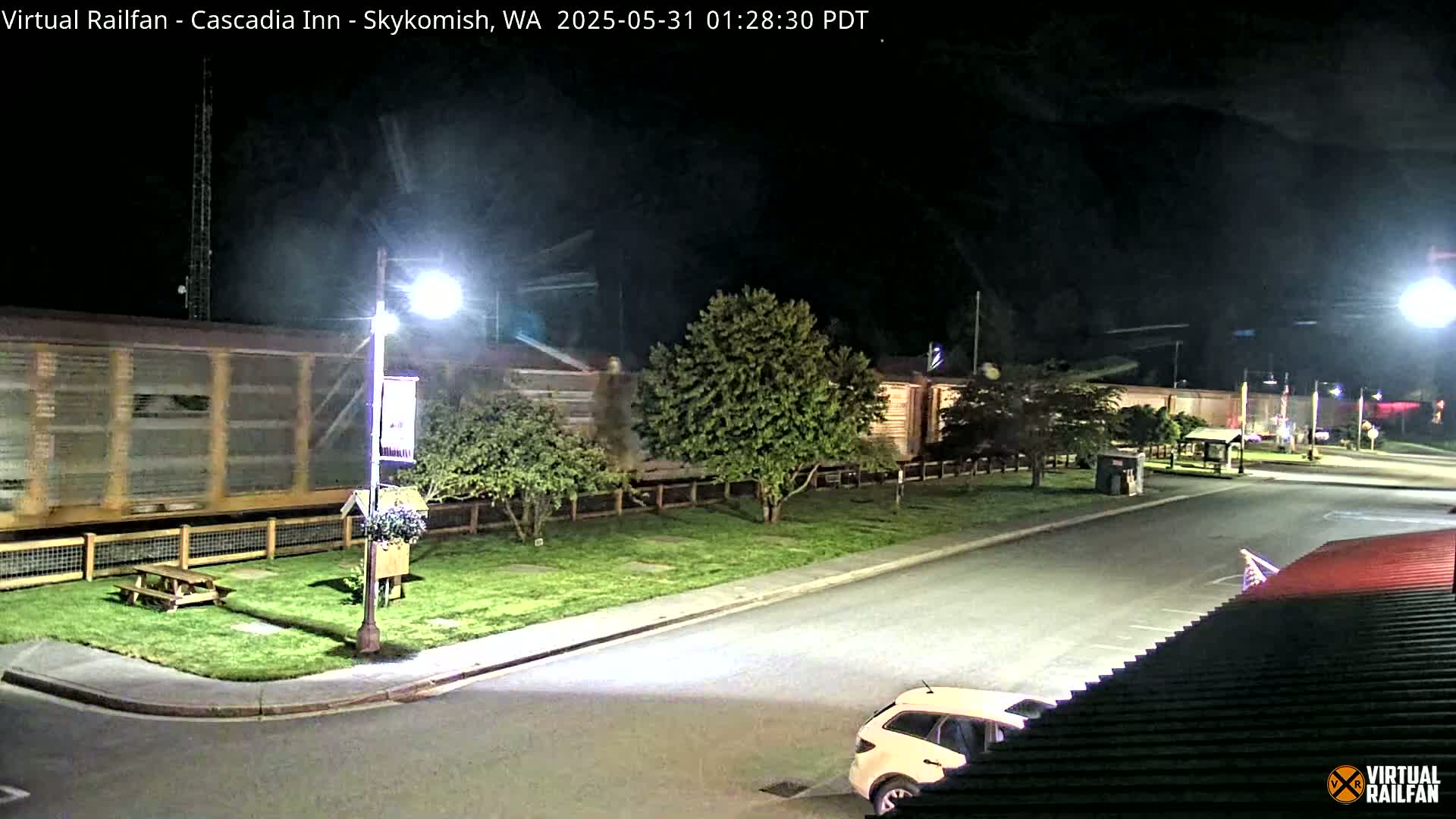 At night, a long freight train passes by a roadside area with trees, a picnic table, and a parked car under bright streetlights.