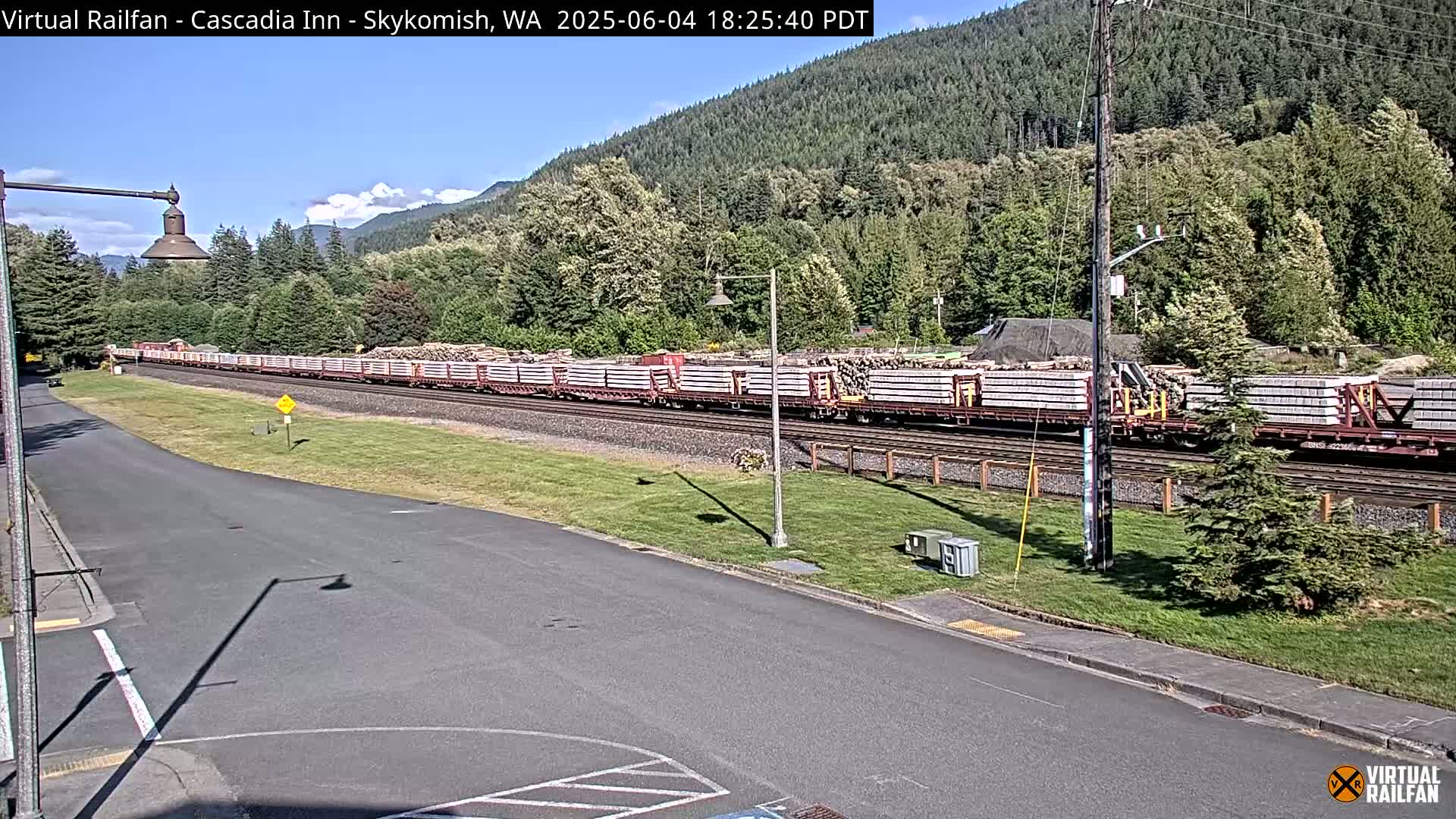 A long freight train carrying lumber and other materials sits on a track next to a road, with a grassy area and forested hills in the background under a partly cloudy sky.
