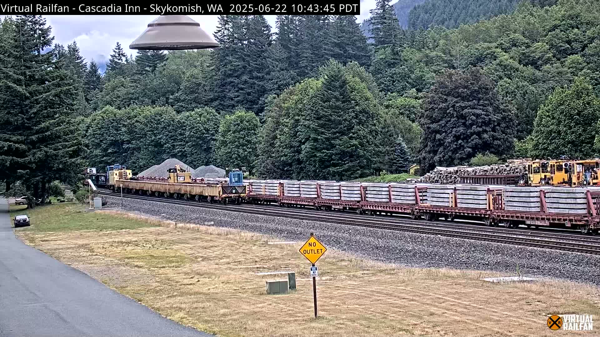 A long freight train carrying various materials, including what appears to be lumber and gravel, passes by a grassy area next to a road on an overcast day amidst a lush forest backdrop.