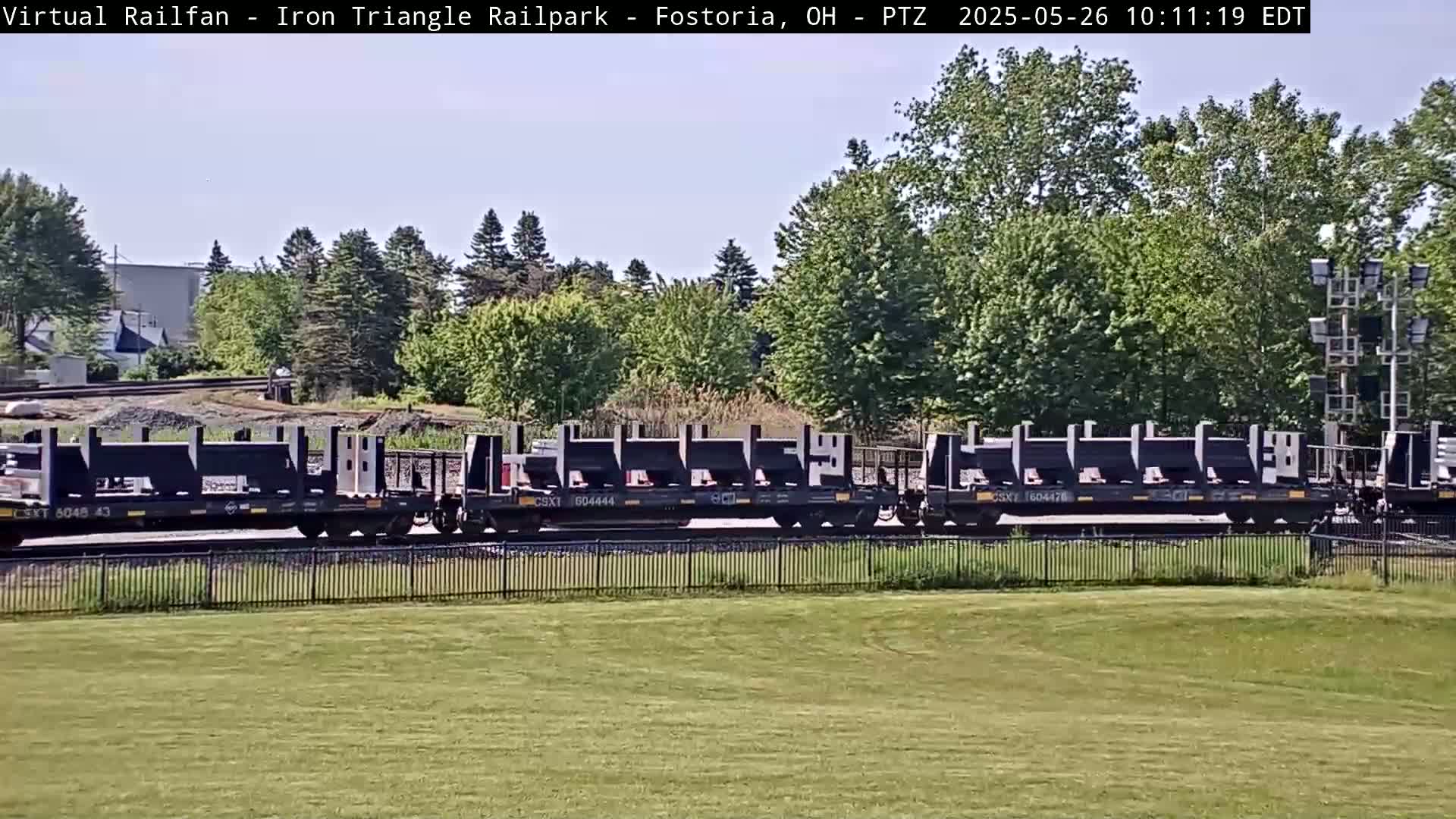 A long freight train carrying numerous flatbeds passes by a grassy area with trees in the background under a mostly clear sky.