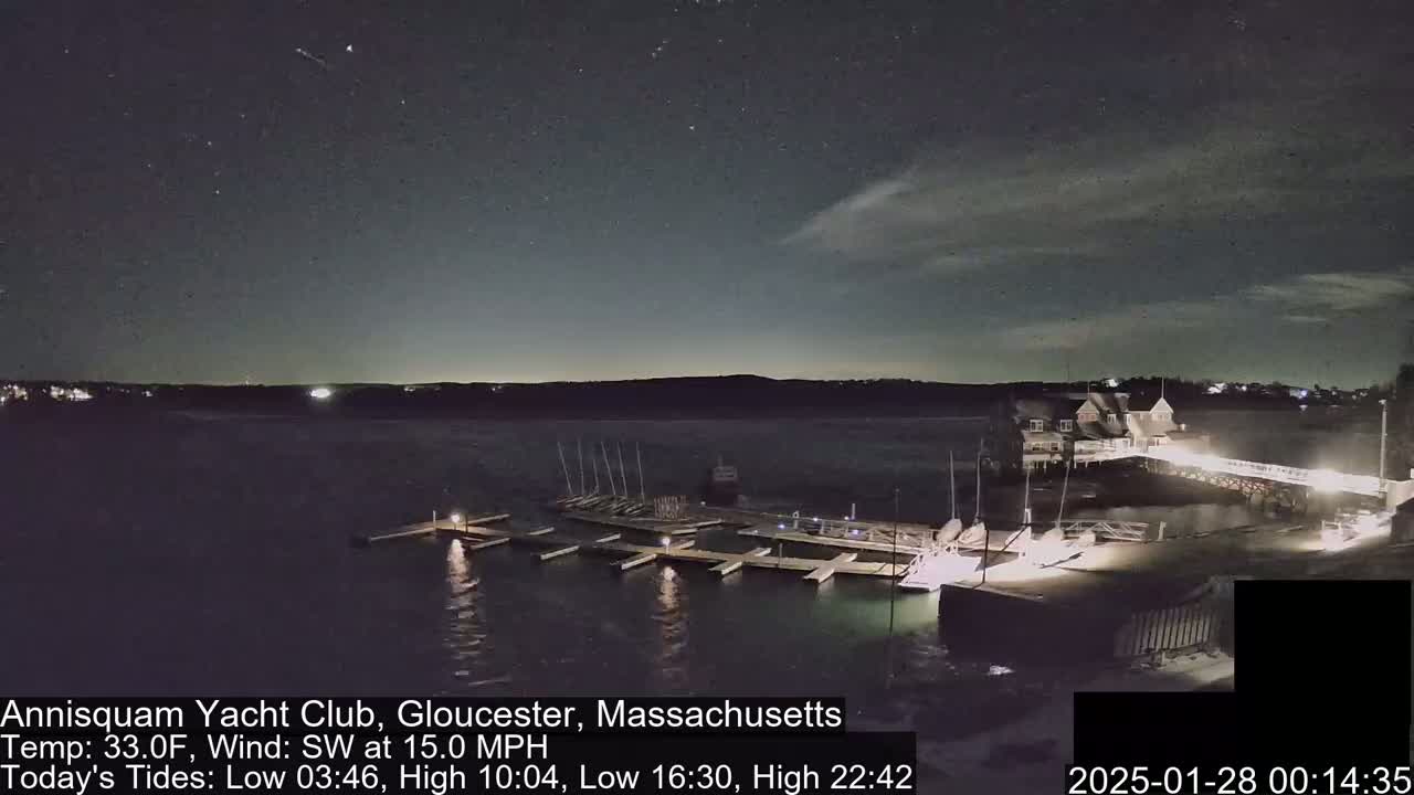 A nighttime view of a marina with boats docked, illuminated by lights under a mostly clear, starry sky with a southwest wind.