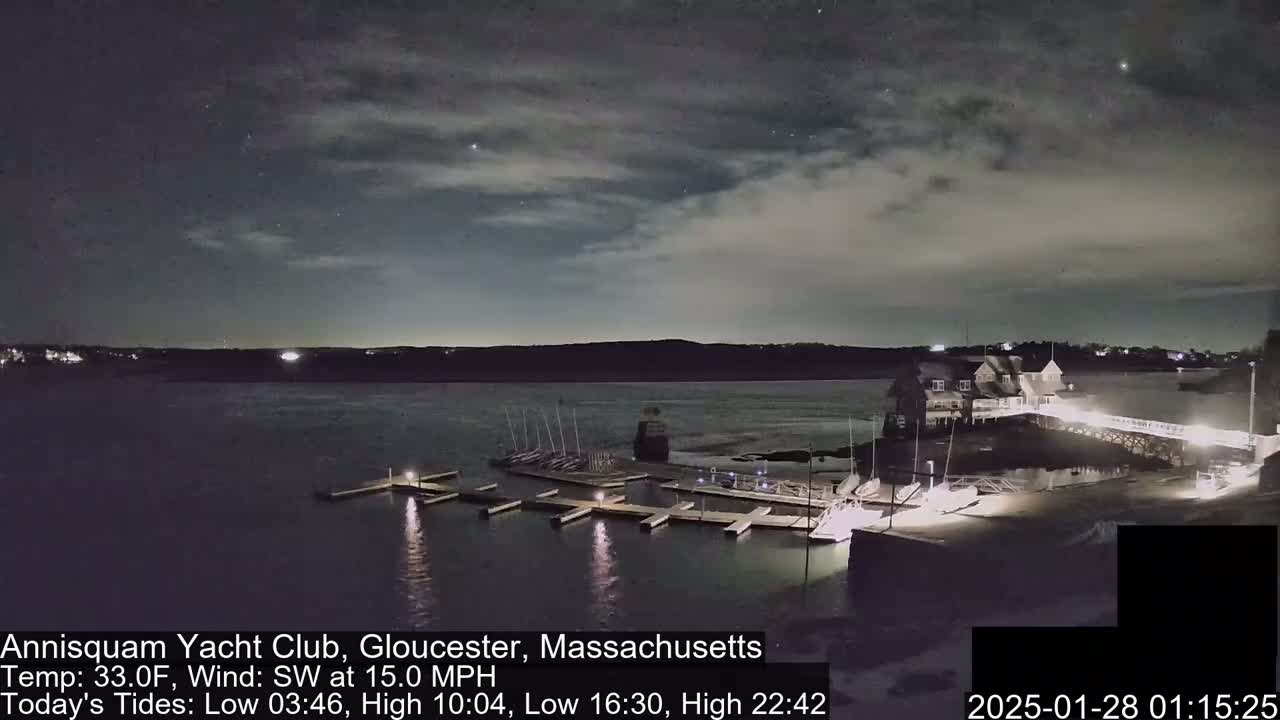 A nighttime view of a marina with boats docked, under a partly cloudy sky with a southwest wind.