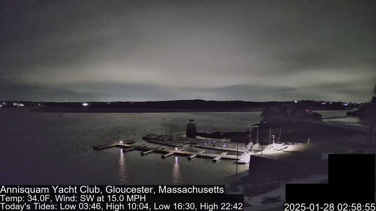 A nighttime view of a marina with boats docked under a dark, cloudy sky and a southwest wind.