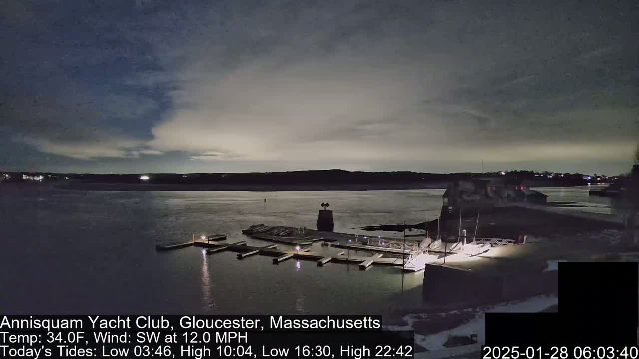 A mostly clear night sky over a calm body of water with a marina and a few lights visible on the shore.
