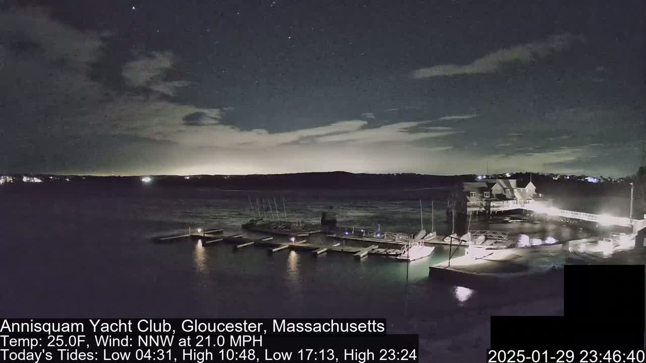 A nighttime view of a marina with boats docked under a partly cloudy sky, a moderate wind blowing.