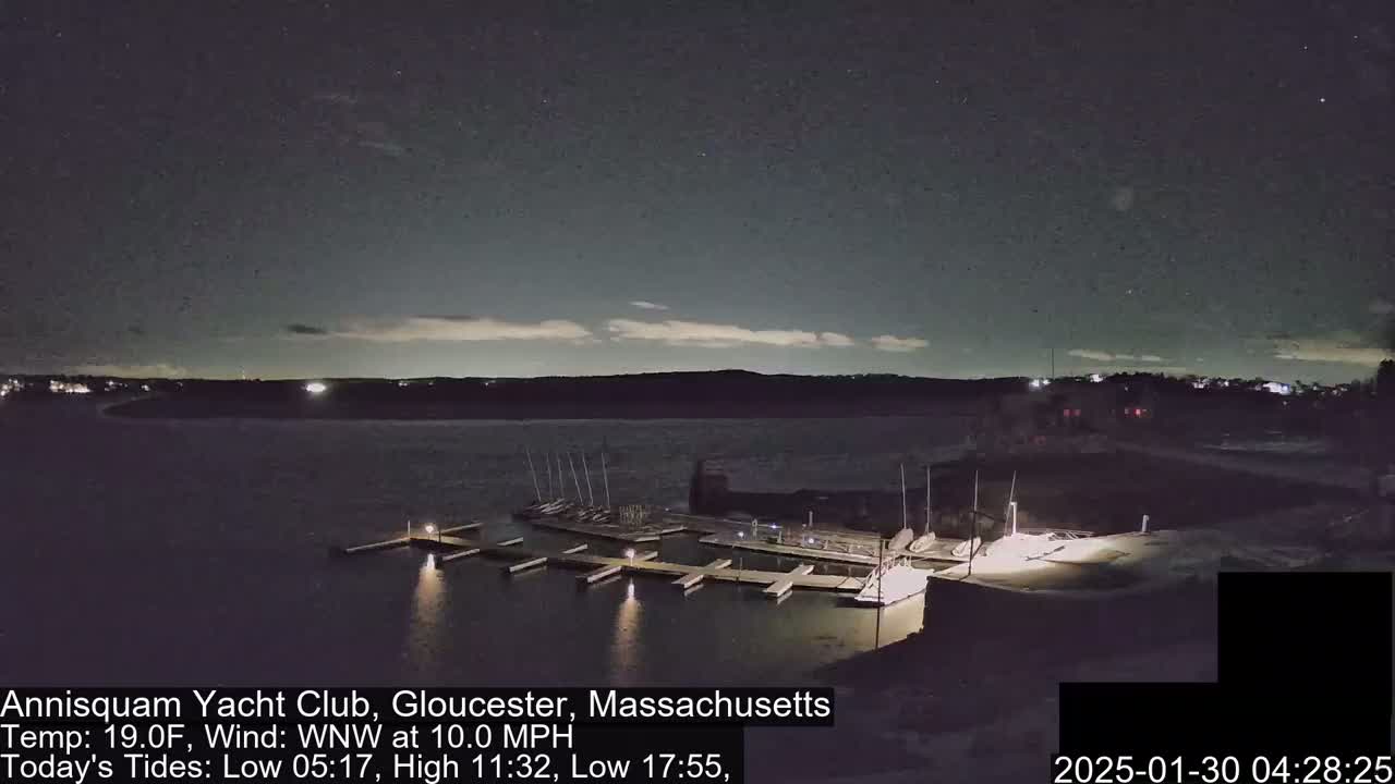 A nighttime view of a marina with boats docked under a mostly clear, starry sky.