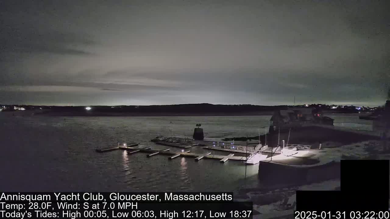 A nighttime view of a marina with docked boats under a dark, overcast sky.