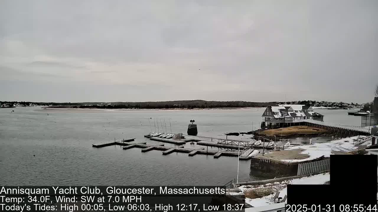 A partly cloudy day shows a calm body of water with docked sailboats and a waterfront building, partially covered in snow.