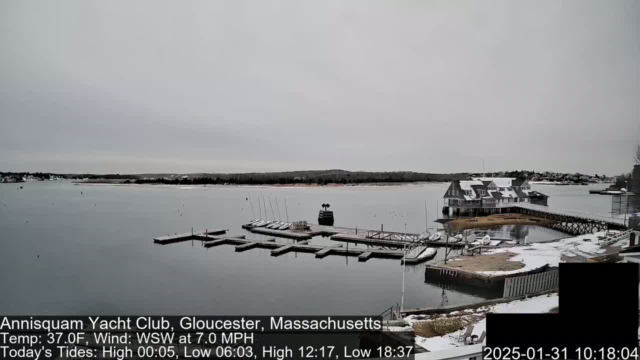 A calm, overcast day shows a harbor with numerous small sailboats docked at a waterfront building; there is some snow on the ground.