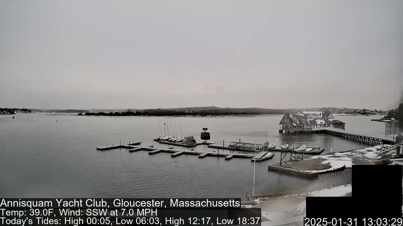 A partly cloudy, cold day with a calm body of water showing a marina with docked sailboats and a clubhouse, partially covered in snow.