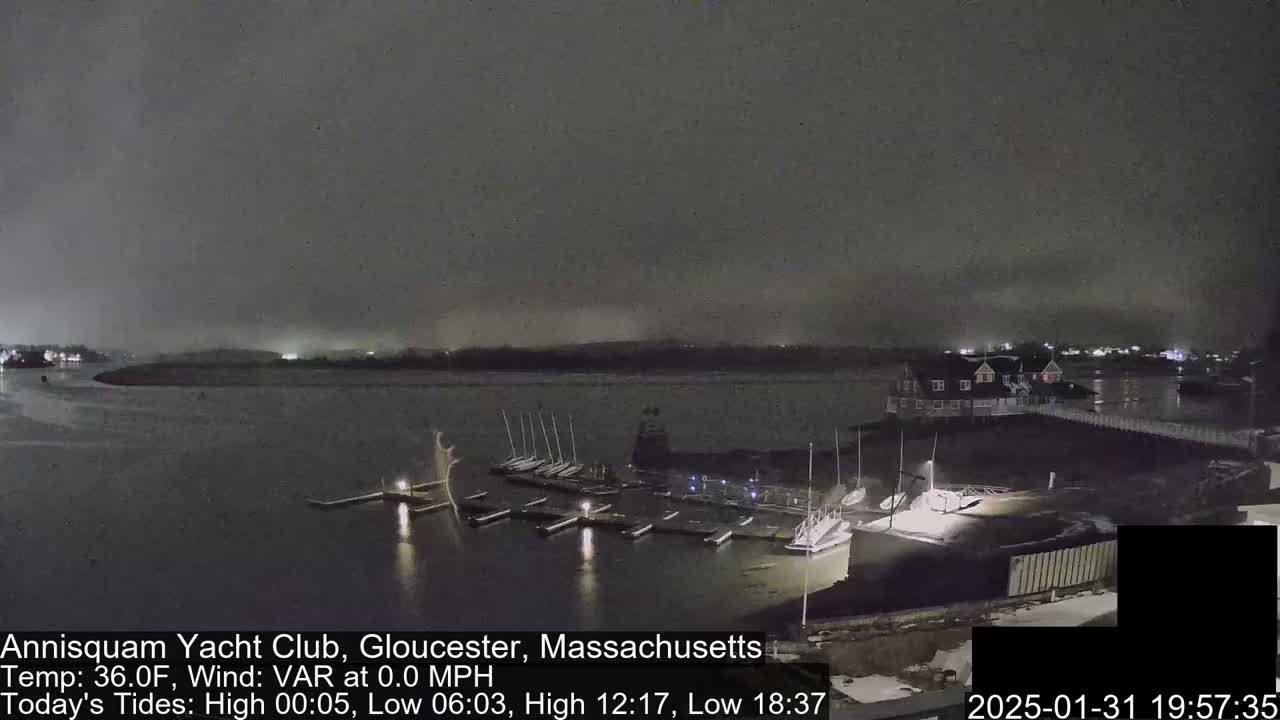 A nighttime view of a marina with sailboats docked under a dark, overcast sky.