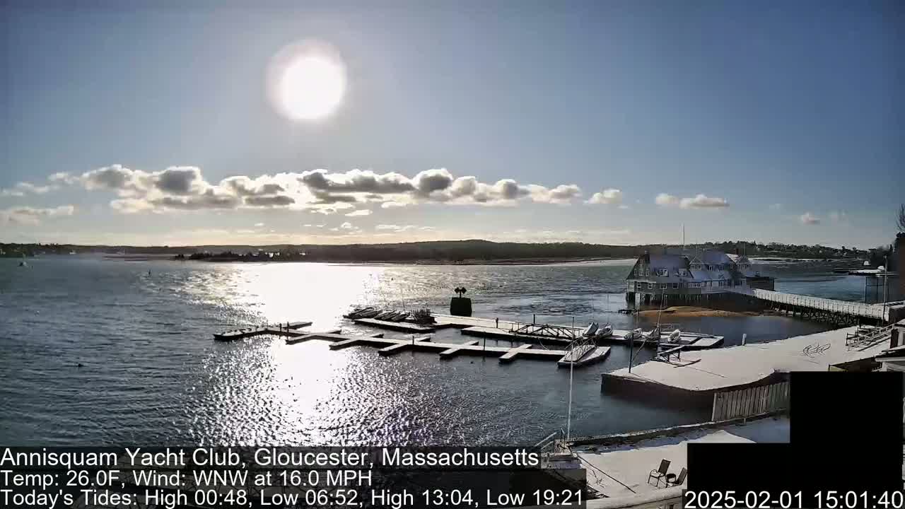A sunny day with some clouds and a light dusting of snow shows a marina with boats docked and a building on the waterfront.