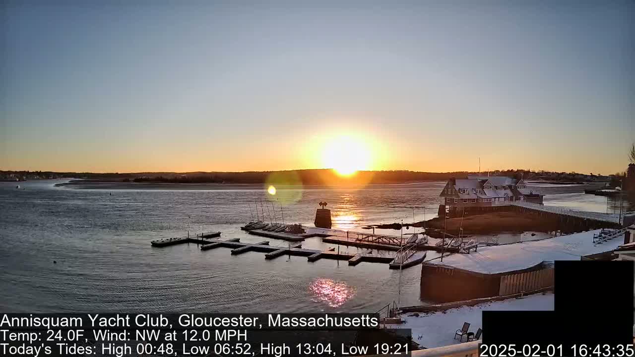 A sunset over a snow-dusted marina with a clubhouse, boats, and calm water, under a clear sky and a northwest wind.
