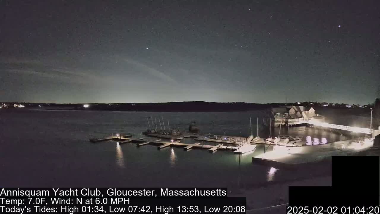 A nighttime view of a marina with docked boats under a clear, starry sky.