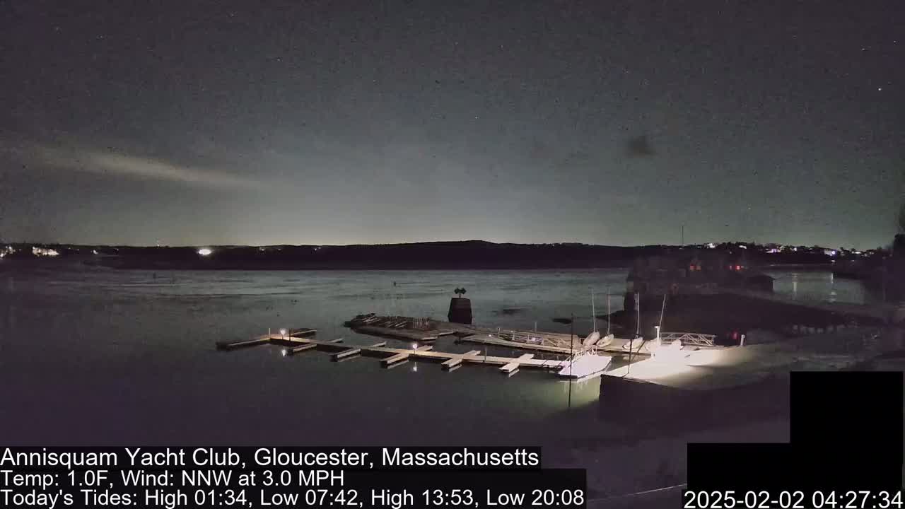 A nighttime view of a marina with docked boats under a clear, starry sky.