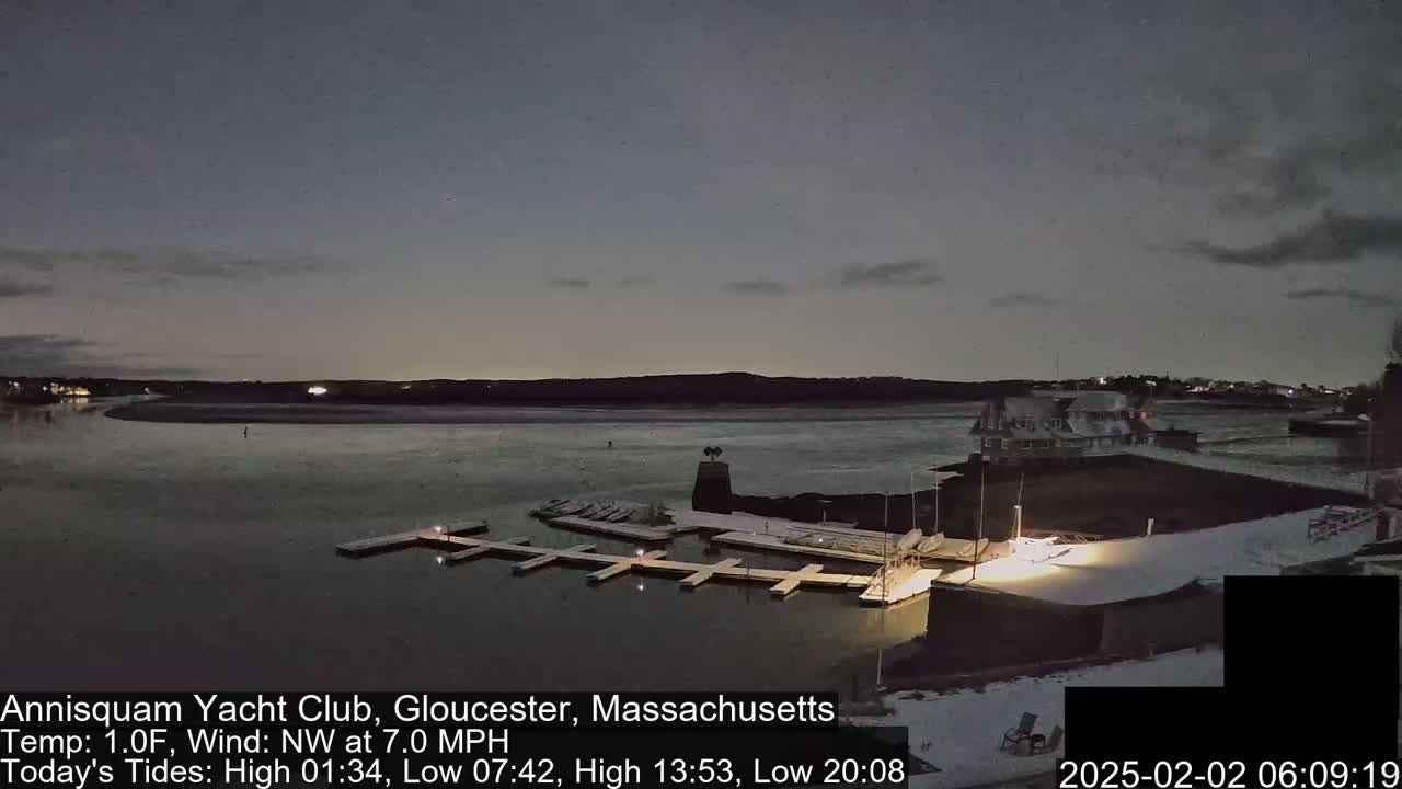 A nighttime view of a marina with boats docked, under a dark sky with a northwest wind.