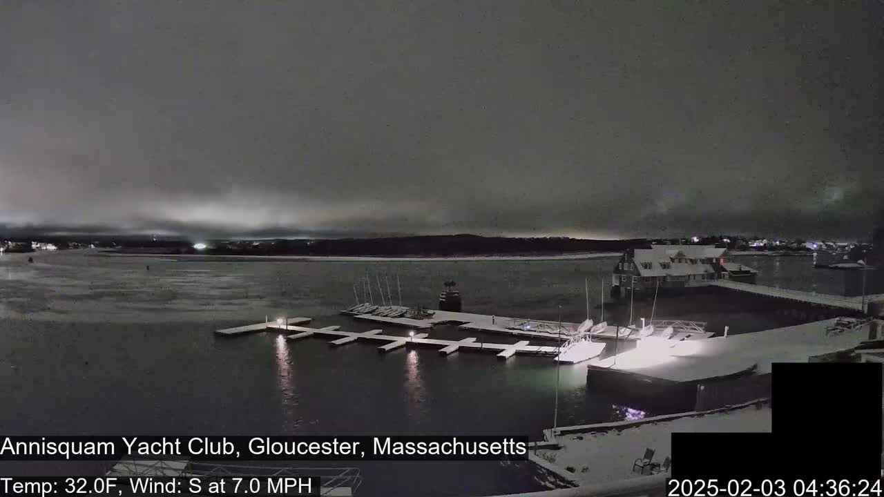 A snow-covered marina with docked sailboats is visible under a dark, cloudy night sky.