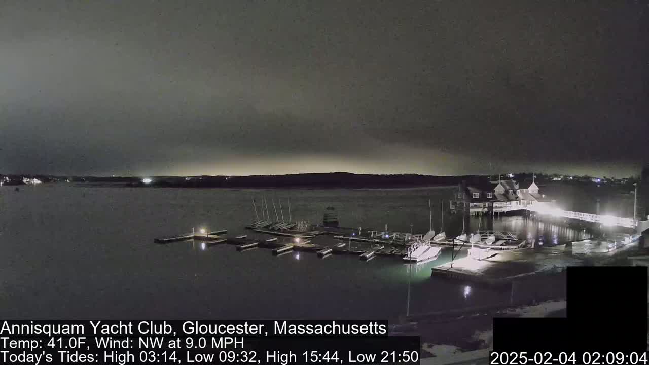 A nighttime view of a marina with docked sailboats under a dark, overcast sky.