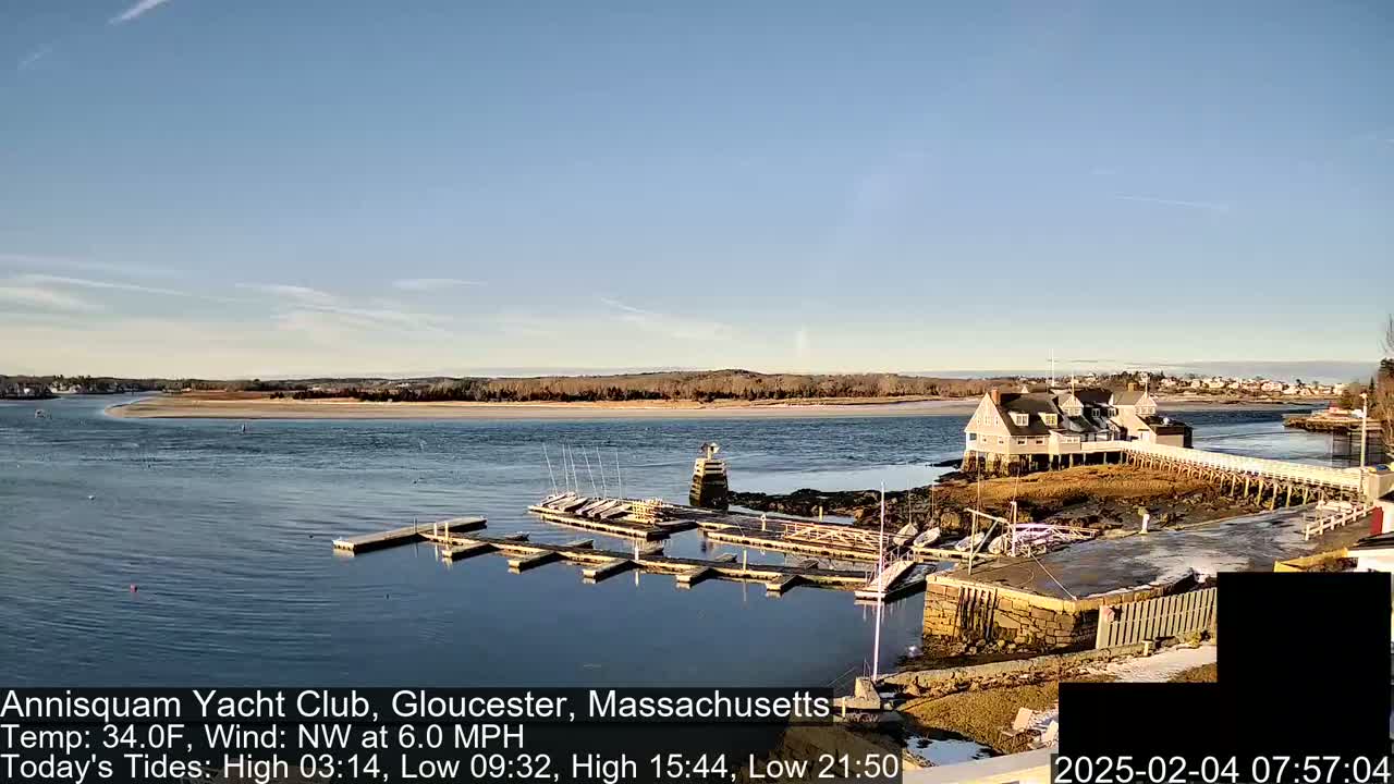 A calm body of water with a marina, a clubhouse on a small island, and a sandy shore under a clear, sunny sky.