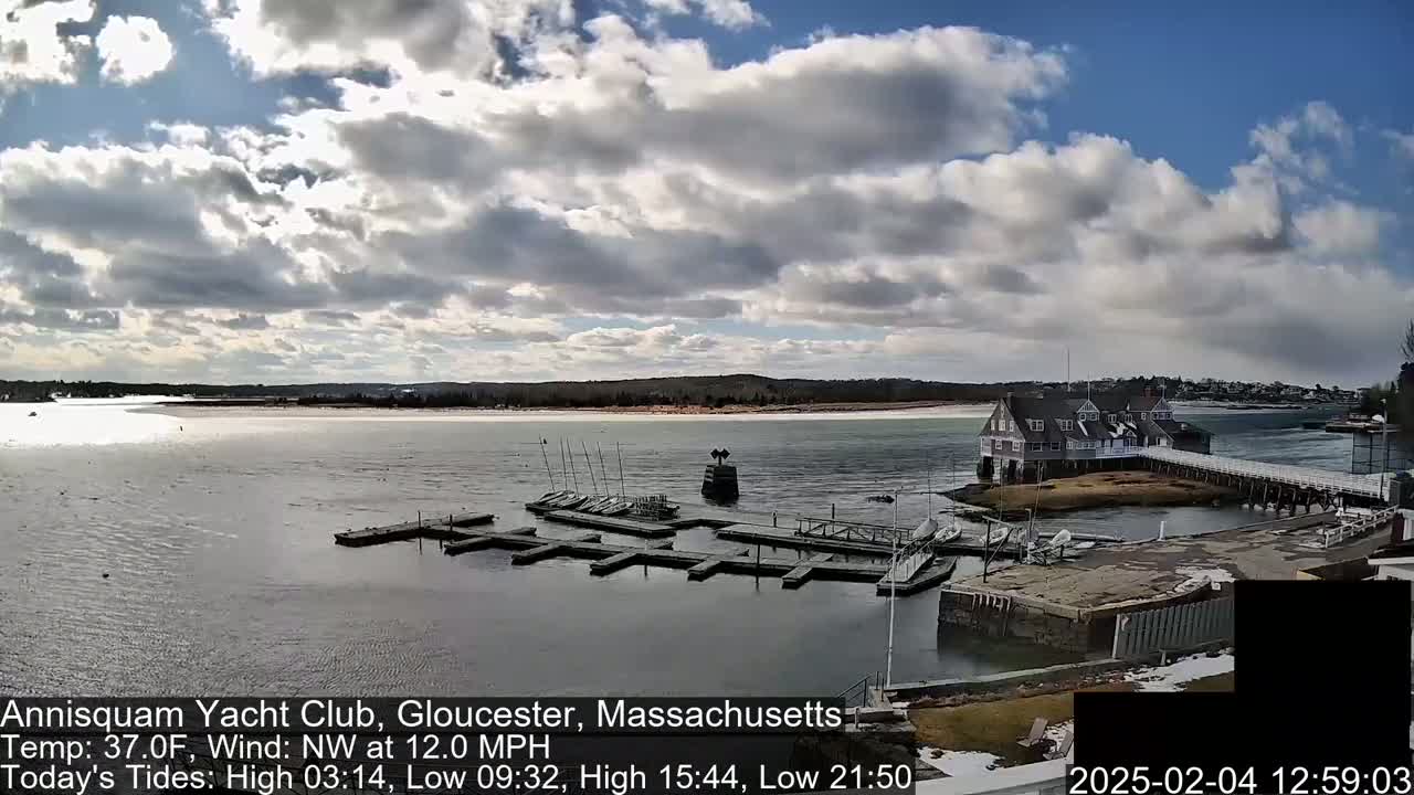 A partly cloudy day shows a harbor with sailboats docked at a marina and a clubhouse on a pier, with a shoreline in the background.