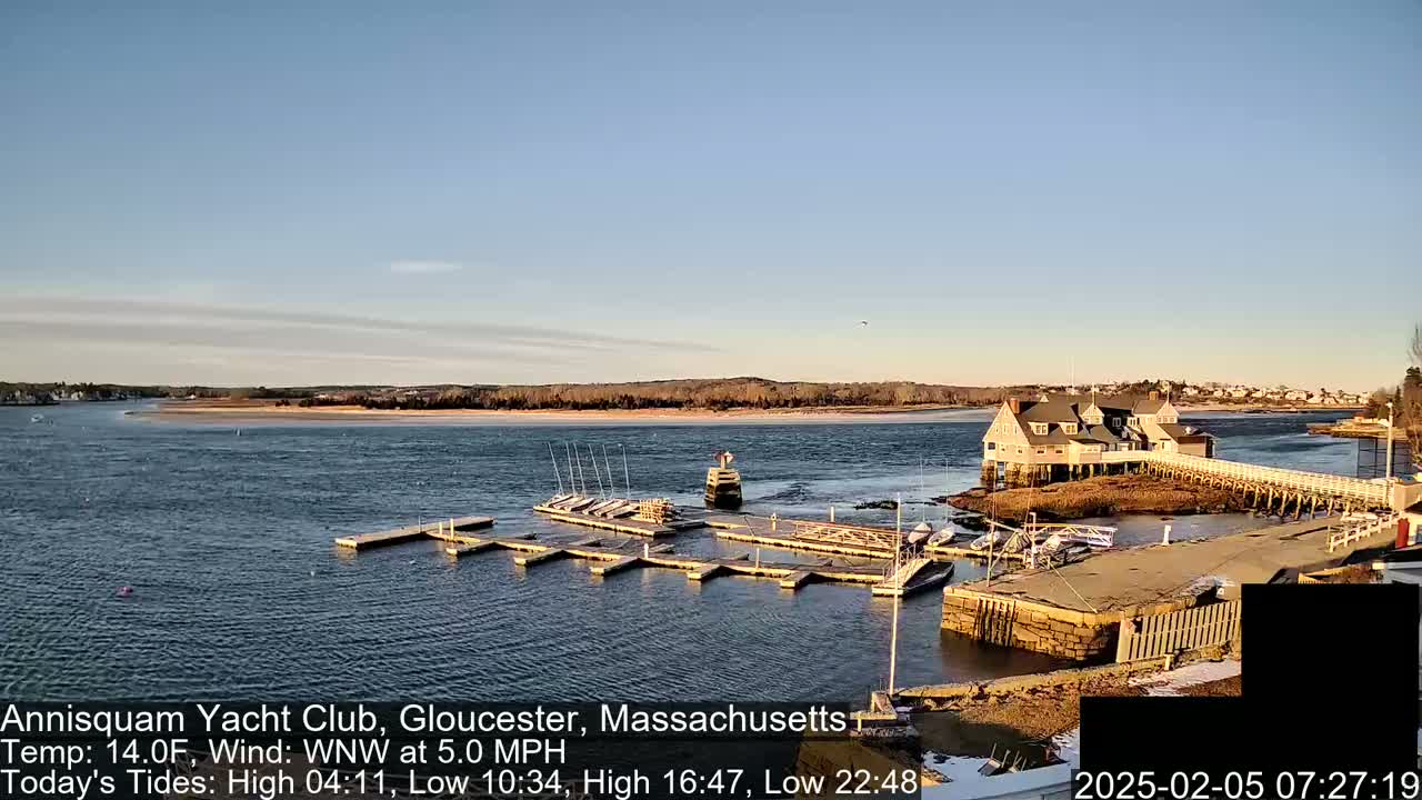 A calm, sunny day shows a marina with sailboats docked at a waterfront clubhouse, on a body of water under a mostly clear sky.