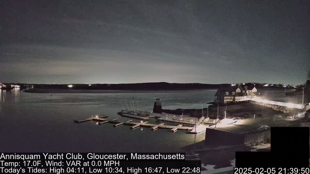 A nighttime view of a calm body of water with a marina, a clubhouse, and docked boats under a clear, dark sky.