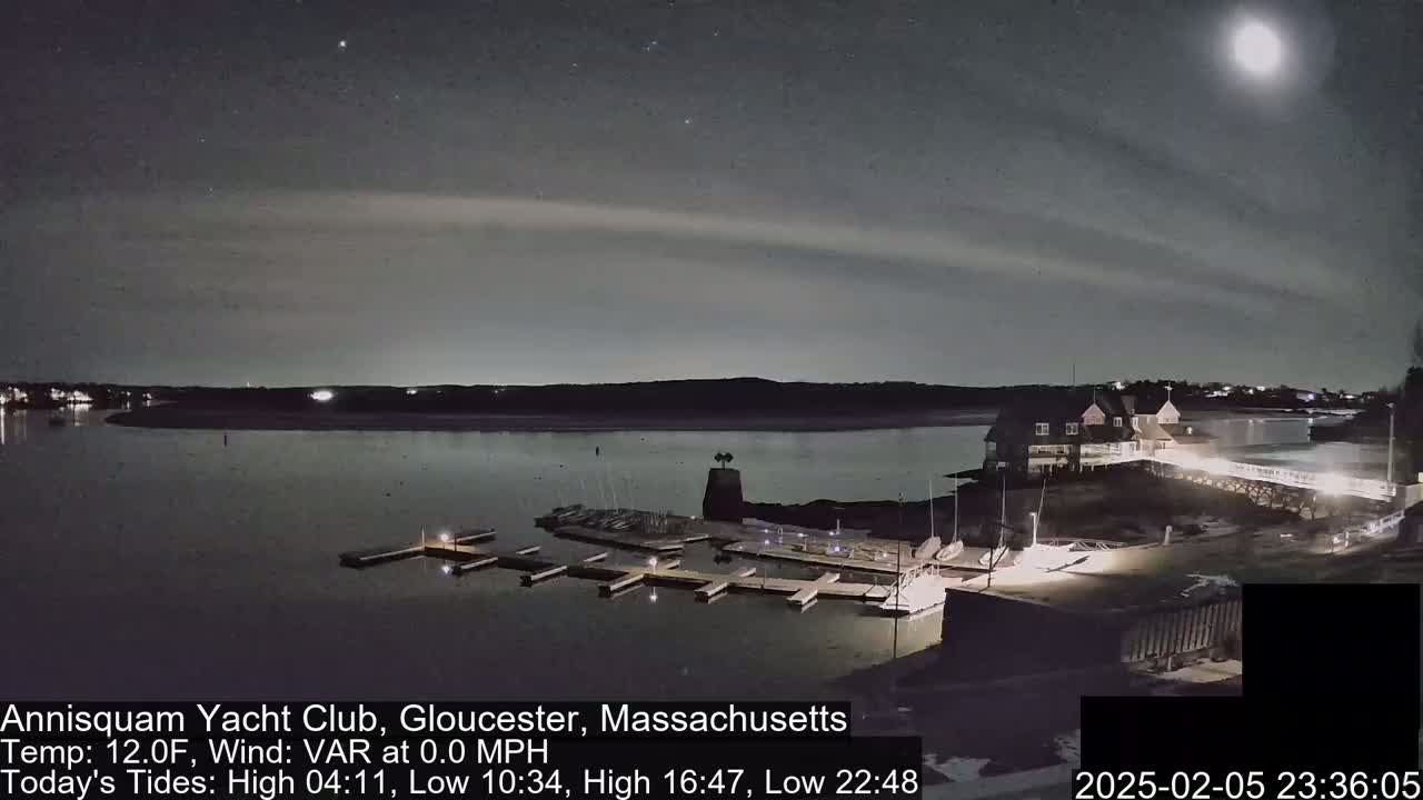 A moonlit night scene shows a calm body of water with a marina, a building, and a few boats docked under a mostly clear sky with some clouds.