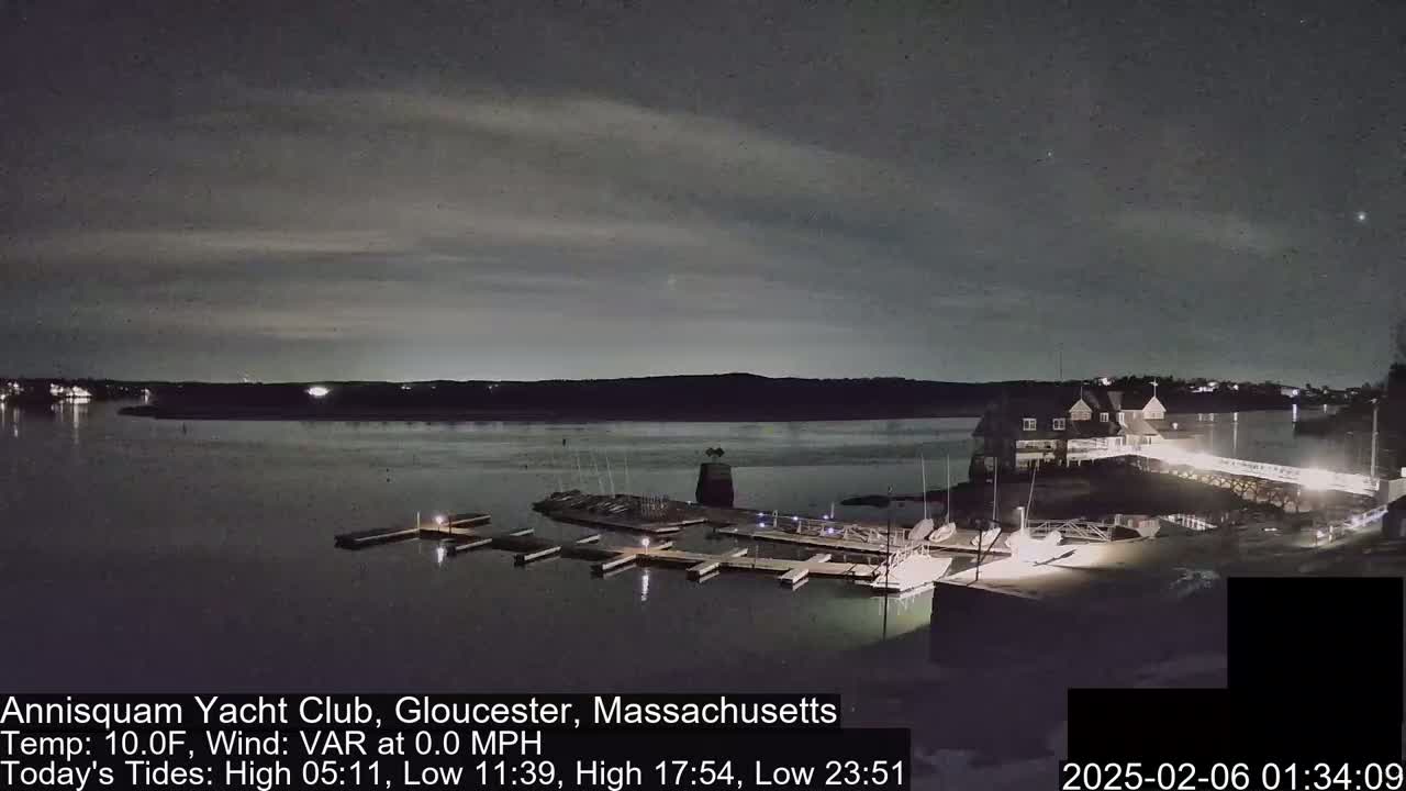 A nighttime view of a calm body of water with a marina and a clubhouse, under a mostly cloudy sky.