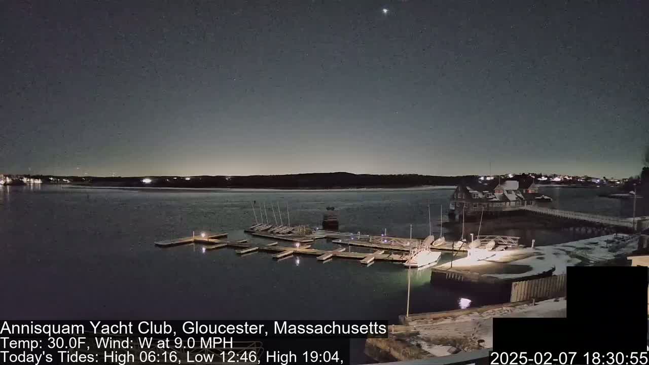 A nighttime view of a marina with docked boats under a clear, starry sky, and a slight wind.