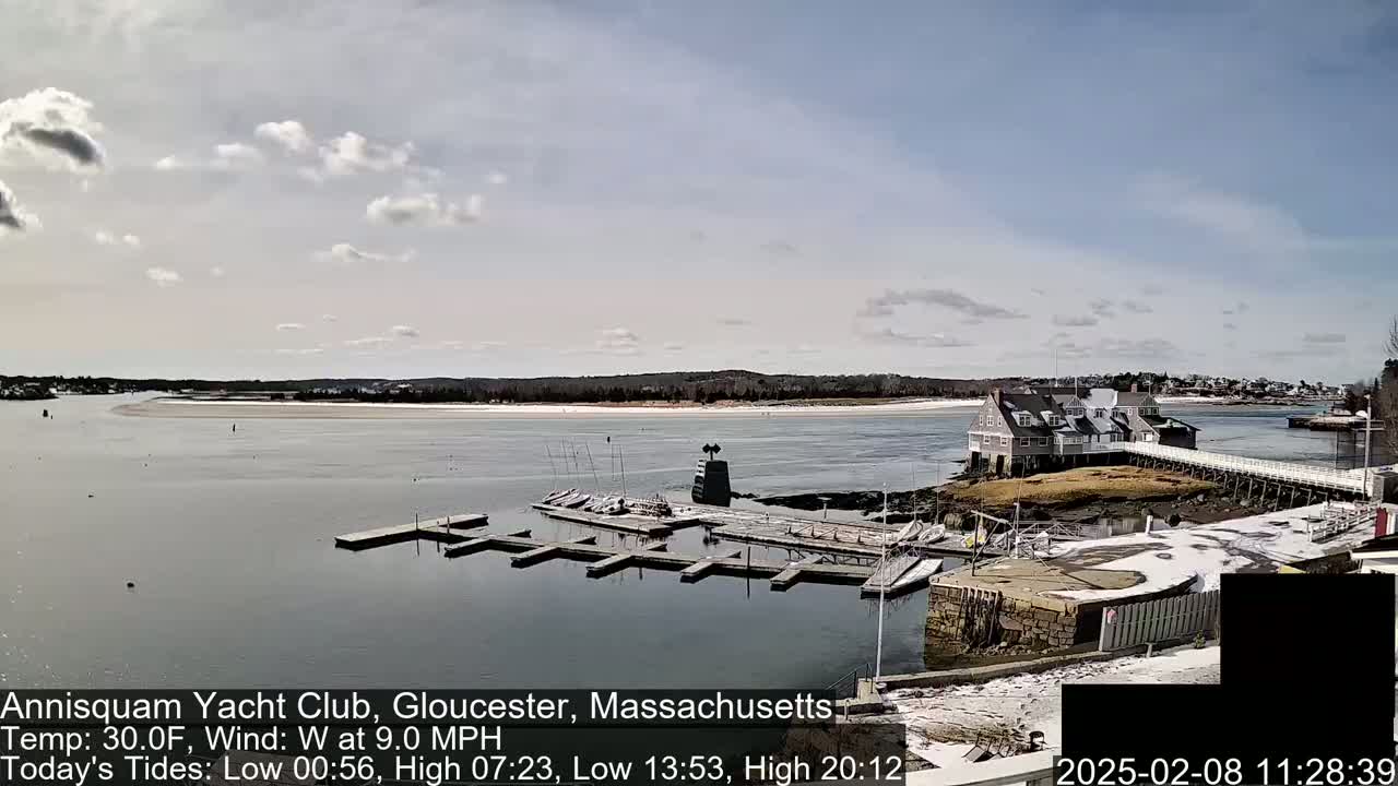 A partly cloudy day shows a yacht club on a small island with a dock and several boats, some snow is visible on the ground near the dock.